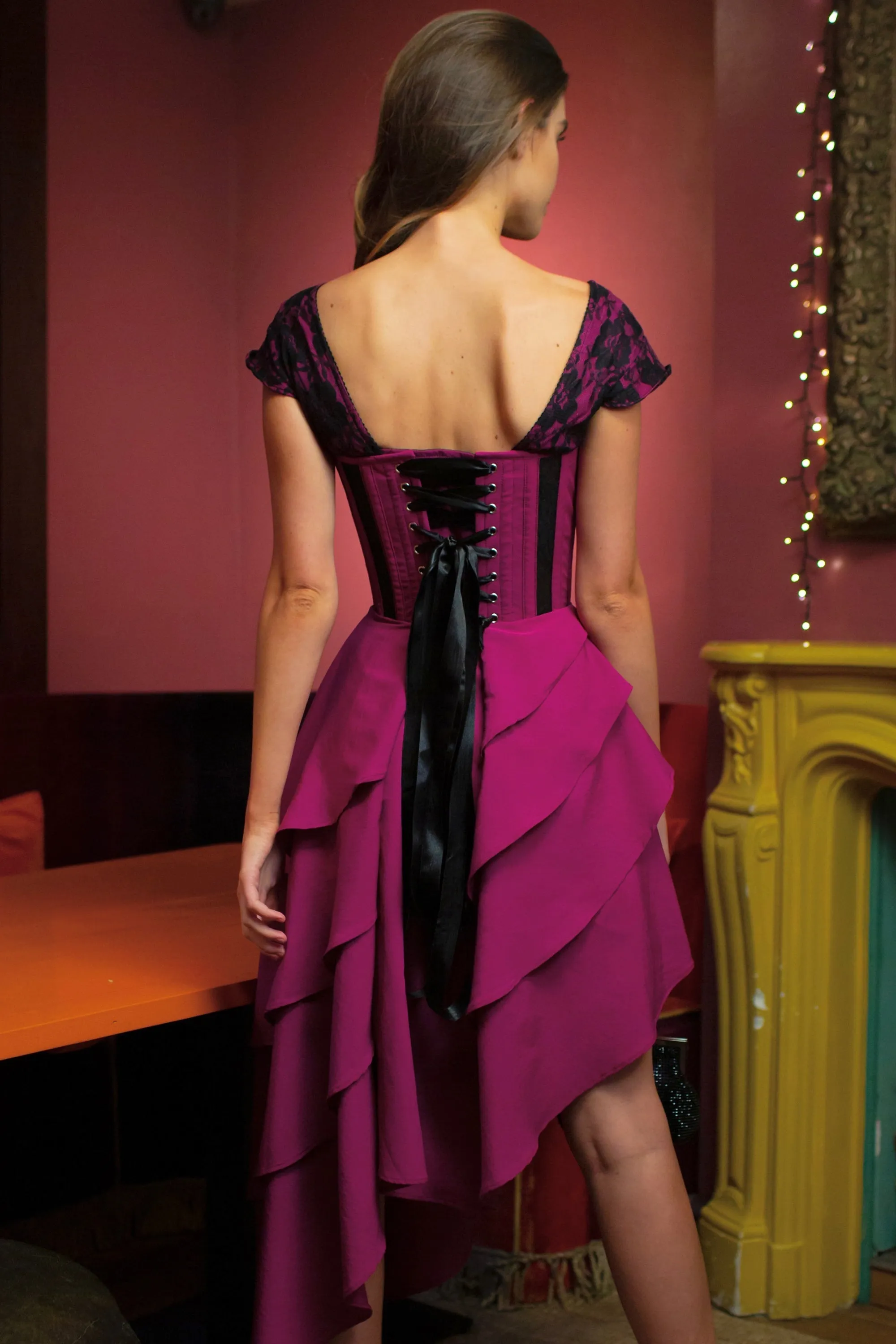 Magenta Mesh & Lace Corseted Dress