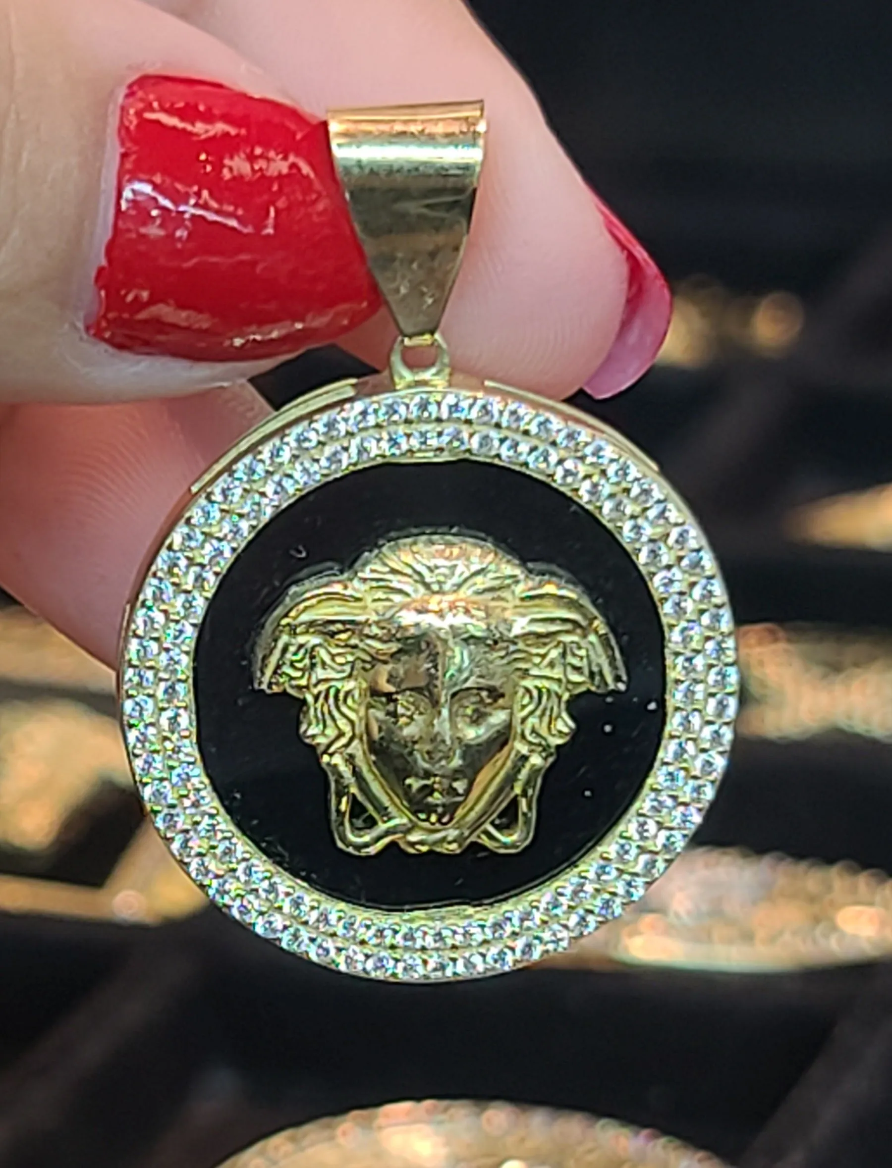 Medium Yellow Gold Circular Pendant with CZs and Reflective Background