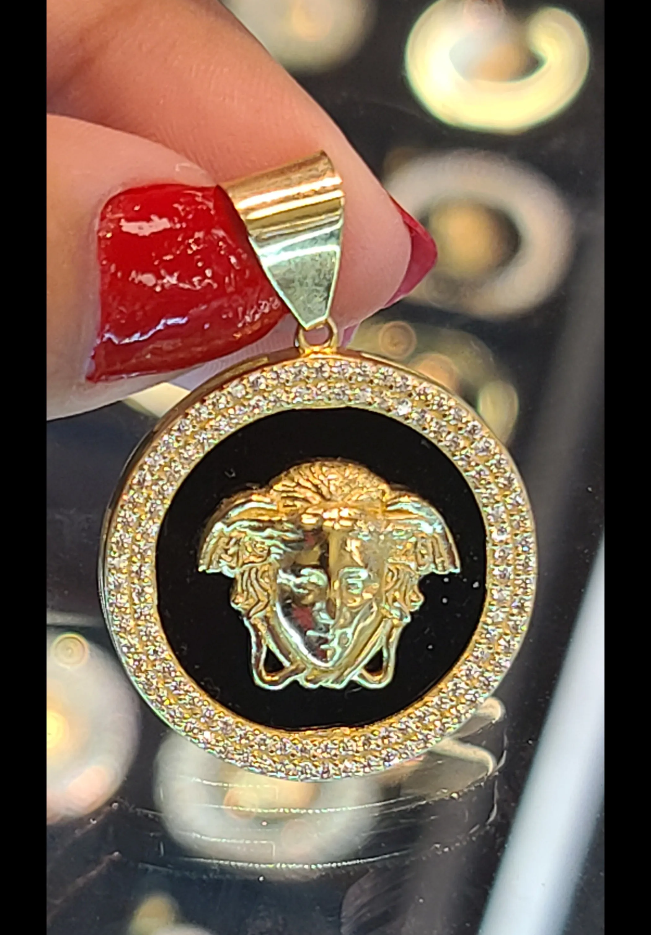 Medium Yellow Gold Circular Pendant with CZs and Reflective Background