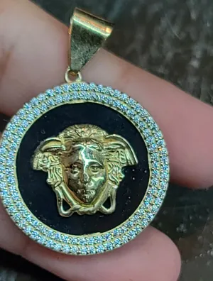 Medium Yellow Gold Circular Pendant with CZs and Reflective Background