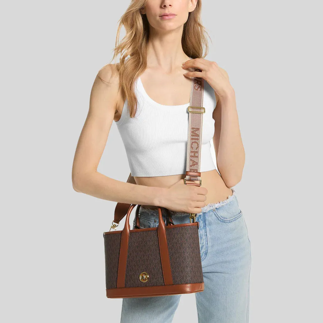 MICHAEL KORS Luisa Small Signature Logo Satchel Brown RB-30R4G99T1V