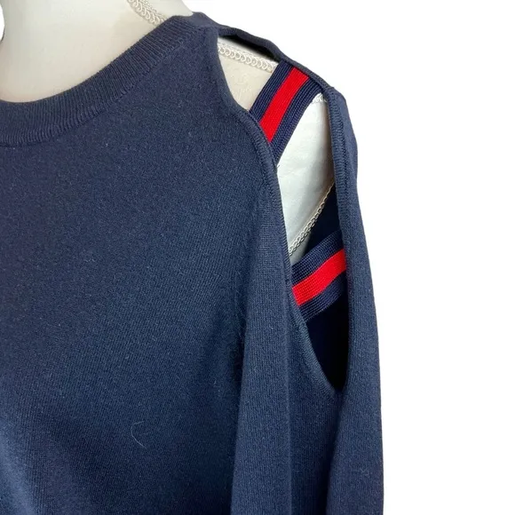 MINNIE ROSE Navy Blue Red Open Shoulder Sweater Large Crew Neck Cotton Silk