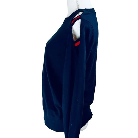 MINNIE ROSE Navy Blue Red Open Shoulder Sweater Large Crew Neck Cotton Silk