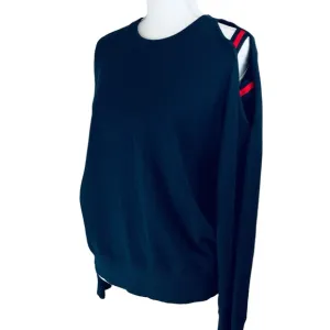 MINNIE ROSE Navy Blue Red Open Shoulder Sweater Large Crew Neck Cotton Silk