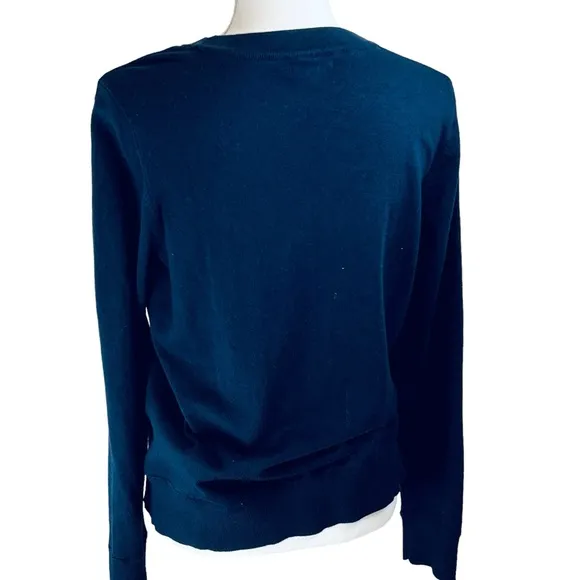 MINNIE ROSE Navy Blue Red Open Shoulder Sweater Large Crew Neck Cotton Silk
