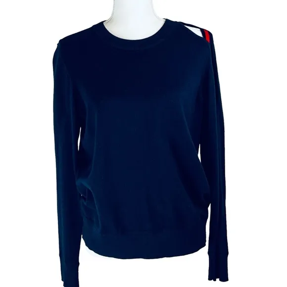 MINNIE ROSE Navy Blue Red Open Shoulder Sweater Large Crew Neck Cotton Silk