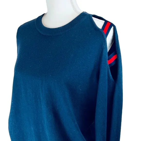 MINNIE ROSE Navy Blue Red Open Shoulder Sweater Large Crew Neck Cotton Silk