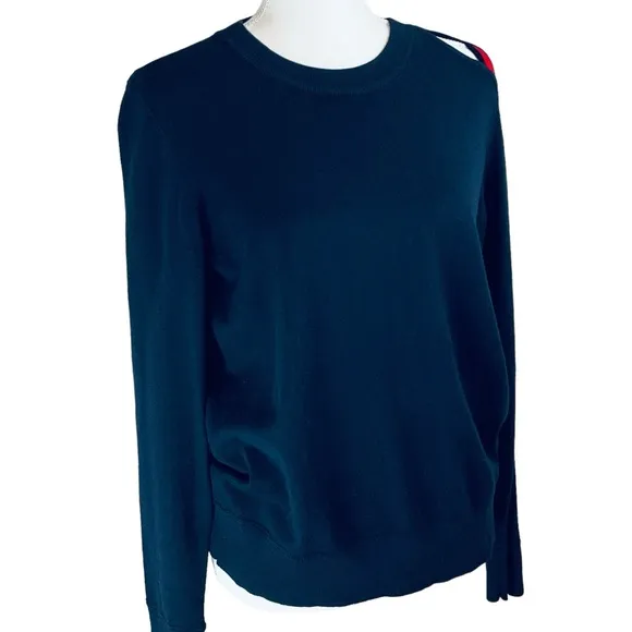 MINNIE ROSE Navy Blue Red Open Shoulder Sweater Large Crew Neck Cotton Silk