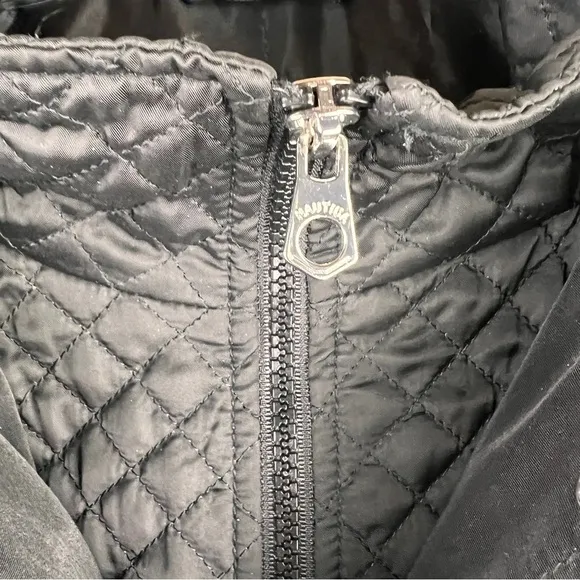 NAUTICAL XL BLACK ALL WEATHER COAT with fur hood, zip front &amp; snaps. 4 pockets