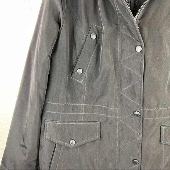 NAUTICAL XL BLACK ALL WEATHER COAT with fur hood, zip front &amp; snaps. 4 pockets