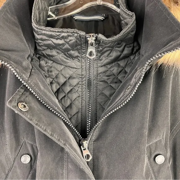 NAUTICAL XL BLACK ALL WEATHER COAT with fur hood, zip front &amp; snaps. 4 pockets