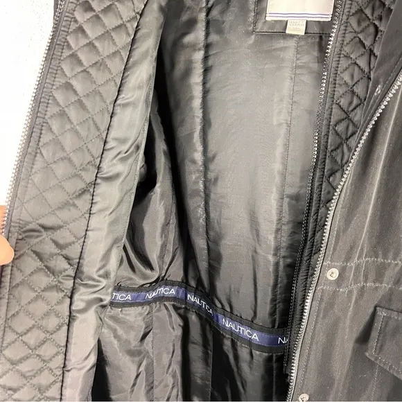 NAUTICAL XL BLACK ALL WEATHER COAT with fur hood, zip front &amp; snaps. 4 pockets