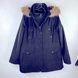 NAUTICAL XL BLACK ALL WEATHER COAT with fur hood, zip front &amp; snaps. 4 pockets