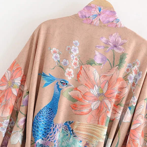 Now in Nude!!! Beautiful kimono wrap with Peacock design