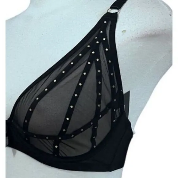 NWT Fredericks of Hollywood SZ 32D Rozlyn Mesh &amp; Stud Black Underwire Bra