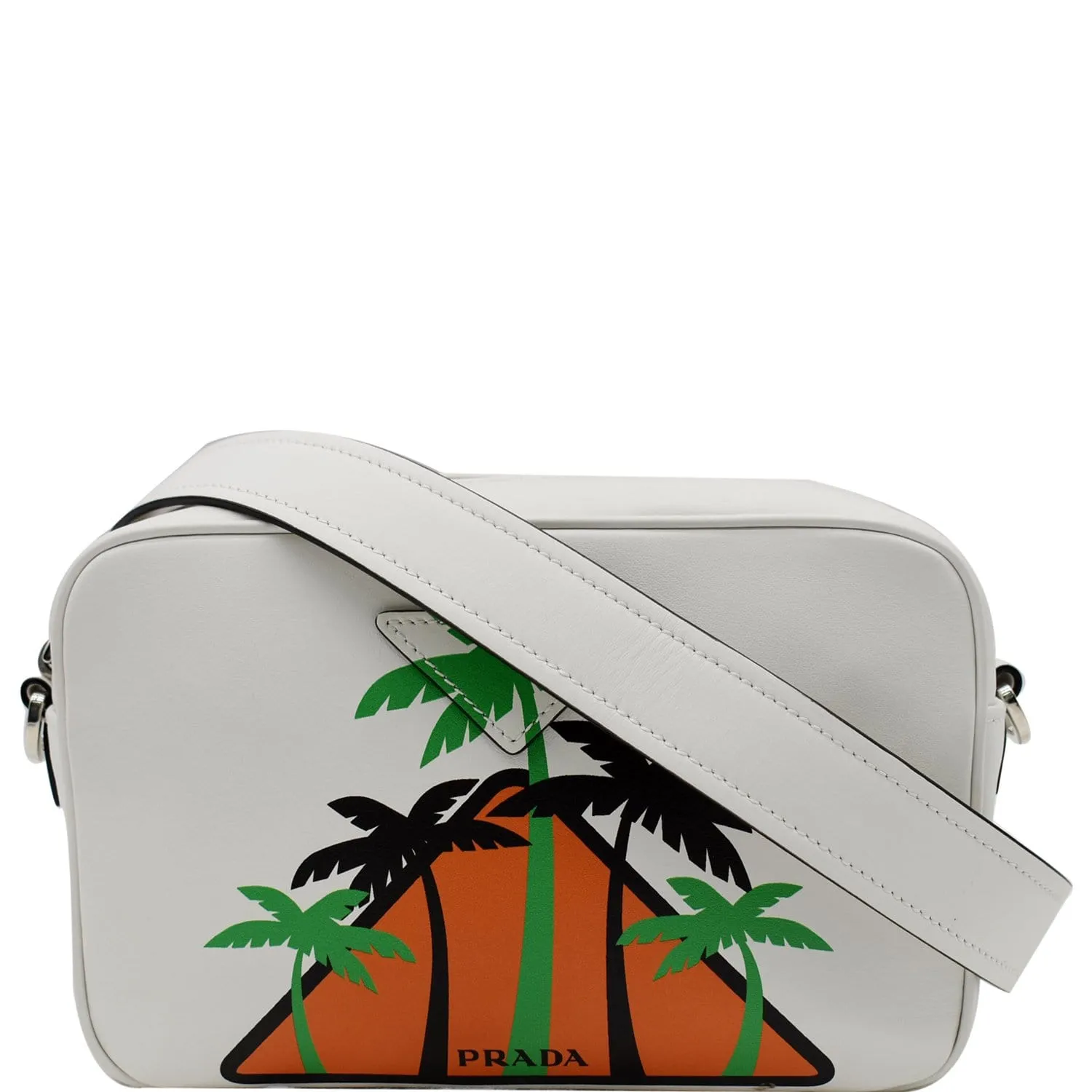 PRADA City Palm Tree Print Calfskin Leather Camera Bag White