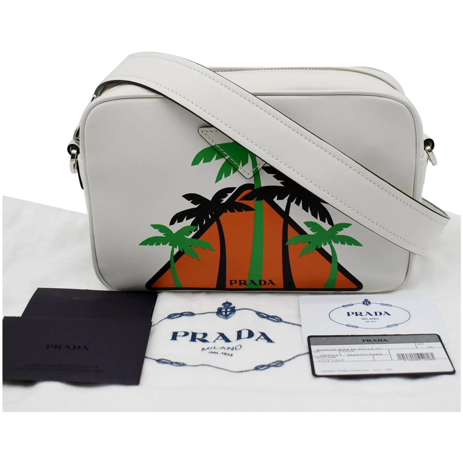 PRADA City Palm Tree Print Calfskin Leather Camera Bag White