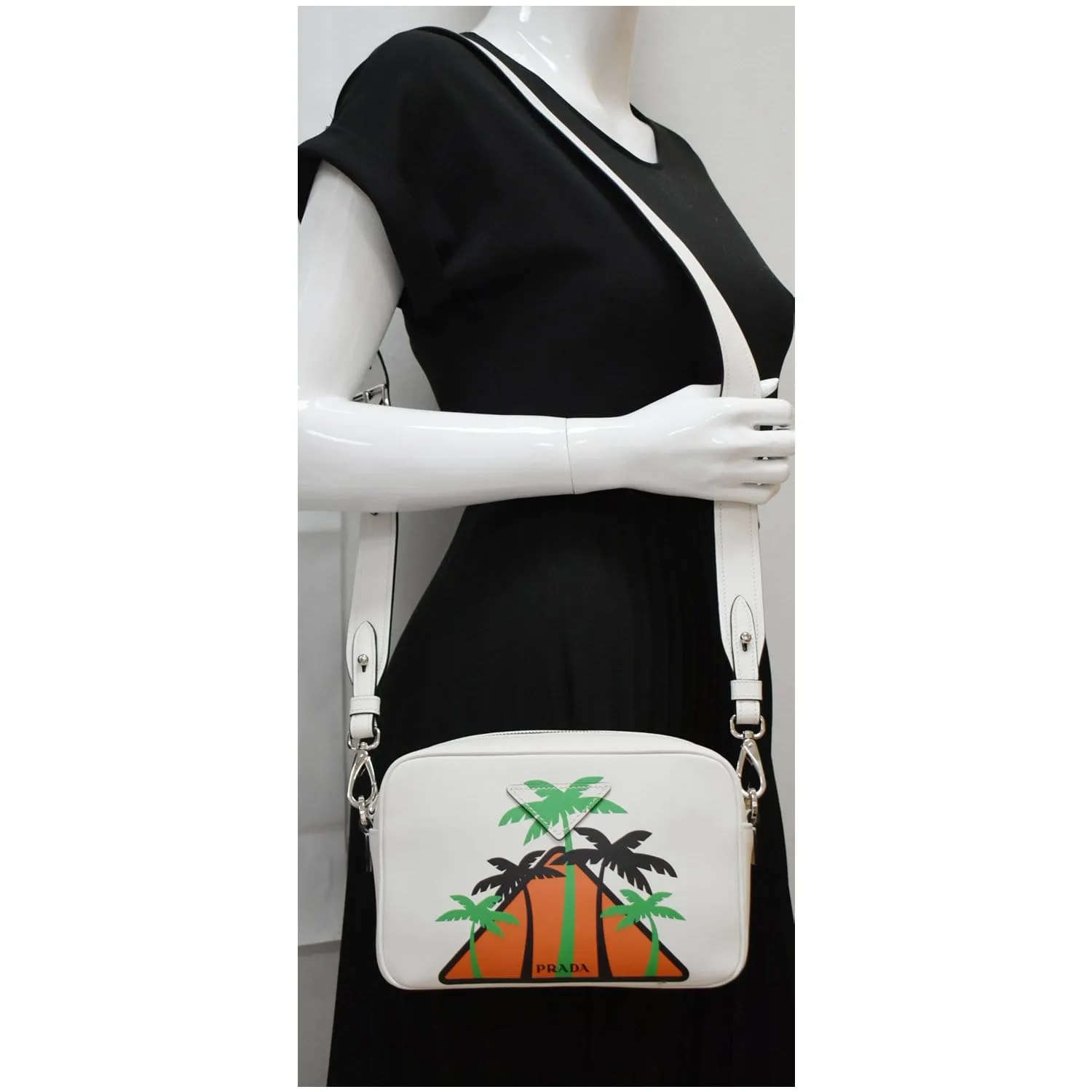 PRADA City Palm Tree Print Calfskin Leather Camera Bag White