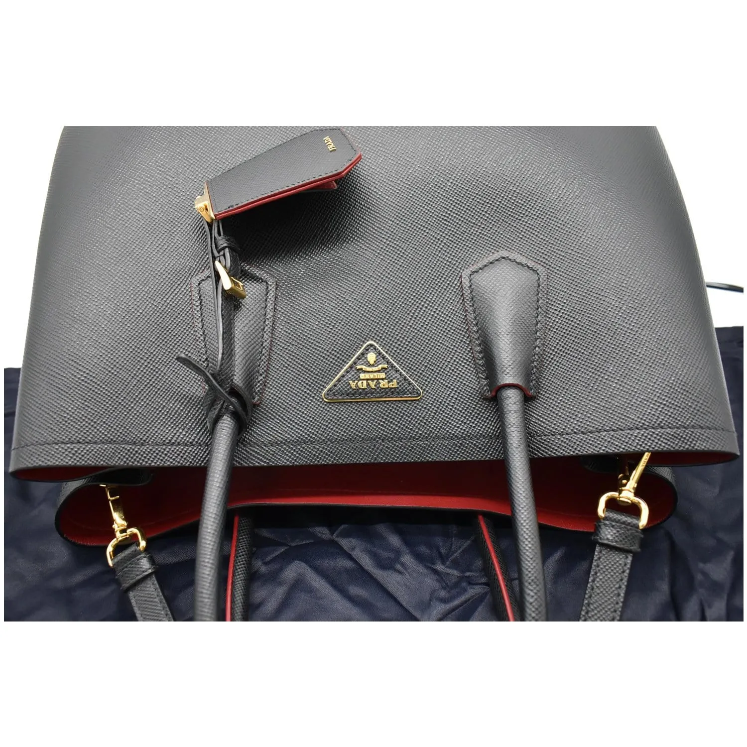 PRADA Double Handle Saffiano Leather Tote Shoulder Bag Black