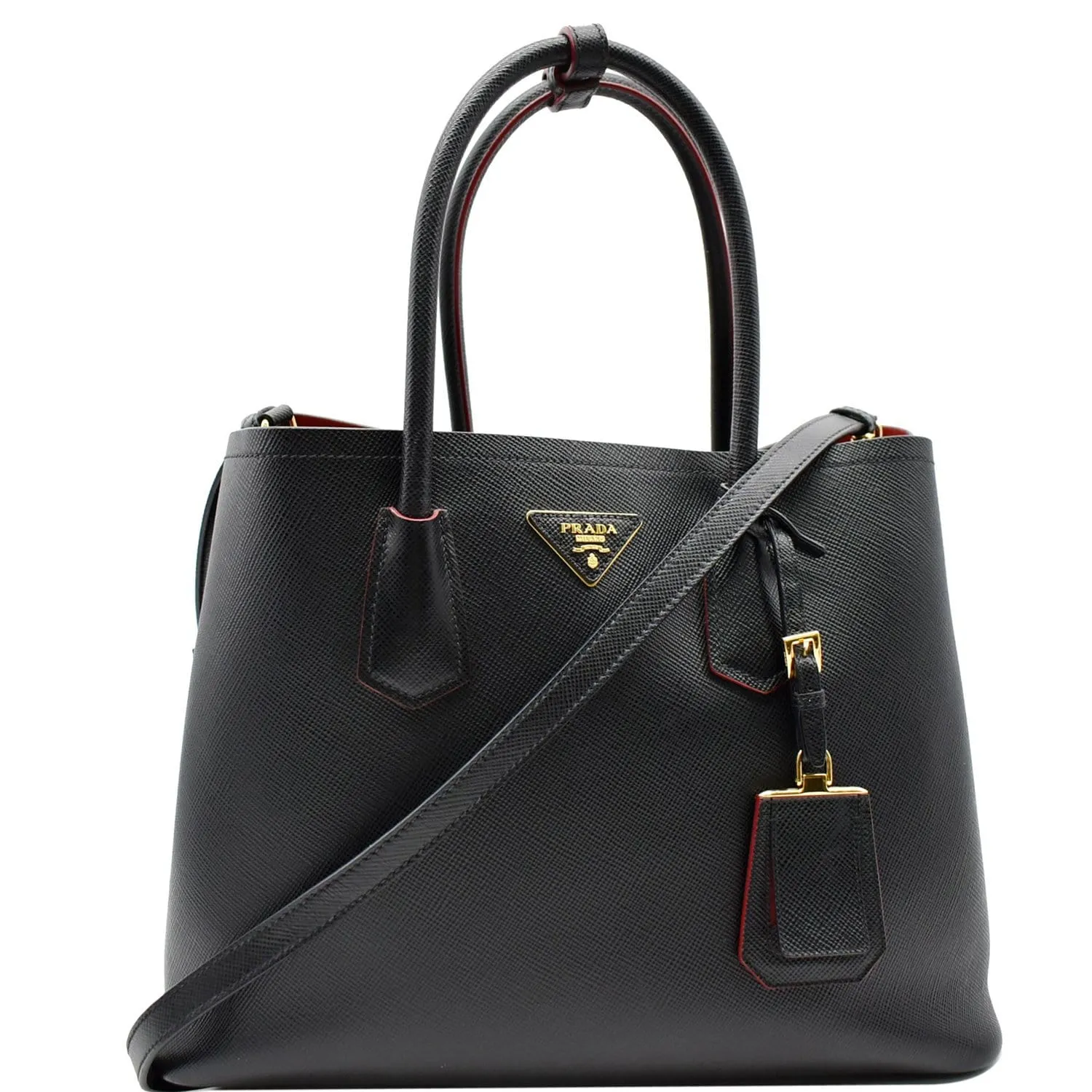 PRADA Double Handle Saffiano Leather Tote Shoulder Bag Black