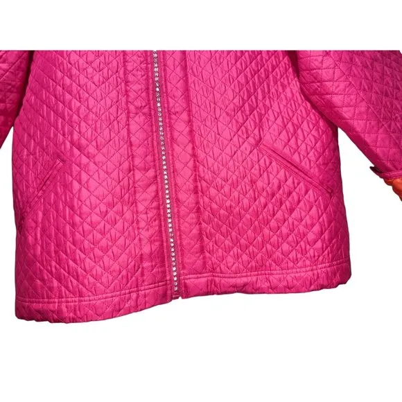 Quacker Factory Quilted Barn Chore Jacket Womens Large Pink Silk Embellished Zip