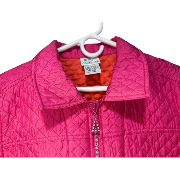 Quacker Factory Quilted Barn Chore Jacket Womens Large Pink Silk Embellished Zip