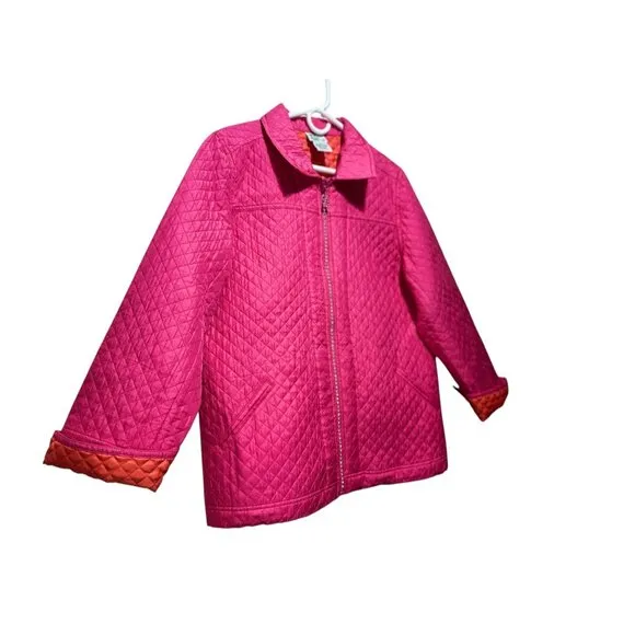 Quacker Factory Quilted Barn Chore Jacket Womens Large Pink Silk Embellished Zip