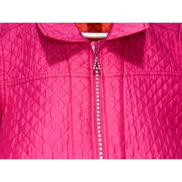 Quacker Factory Quilted Barn Chore Jacket Womens Large Pink Silk Embellished Zip