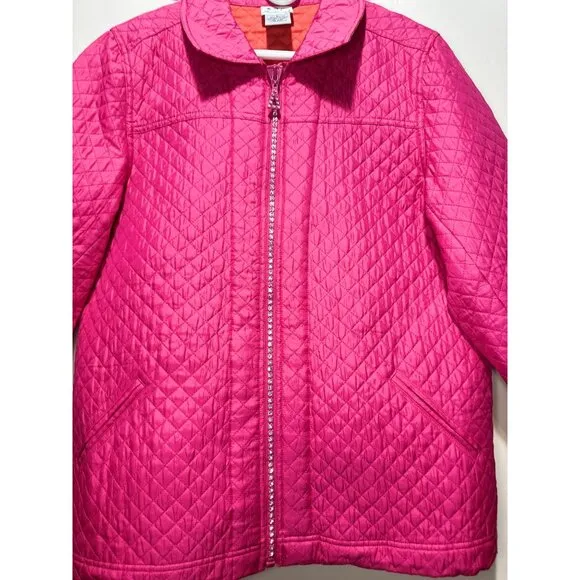 Quacker Factory Quilted Barn Chore Jacket Womens Large Pink Silk Embellished Zip