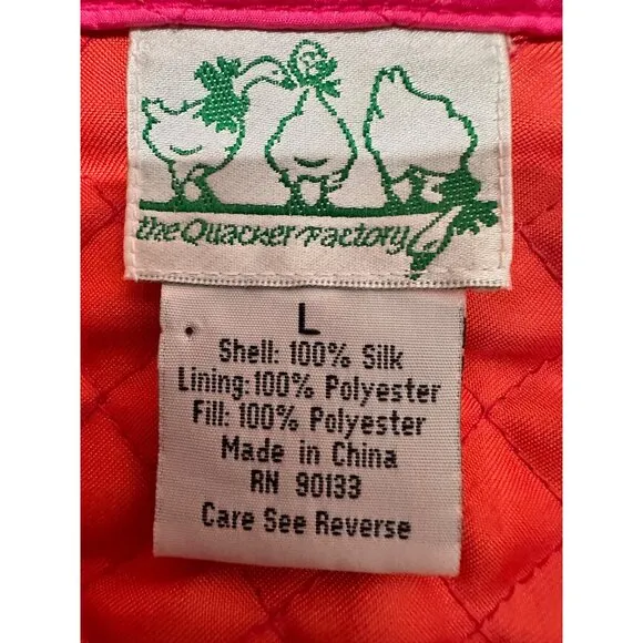 Quacker Factory Quilted Barn Chore Jacket Womens Large Pink Silk Embellished Zip