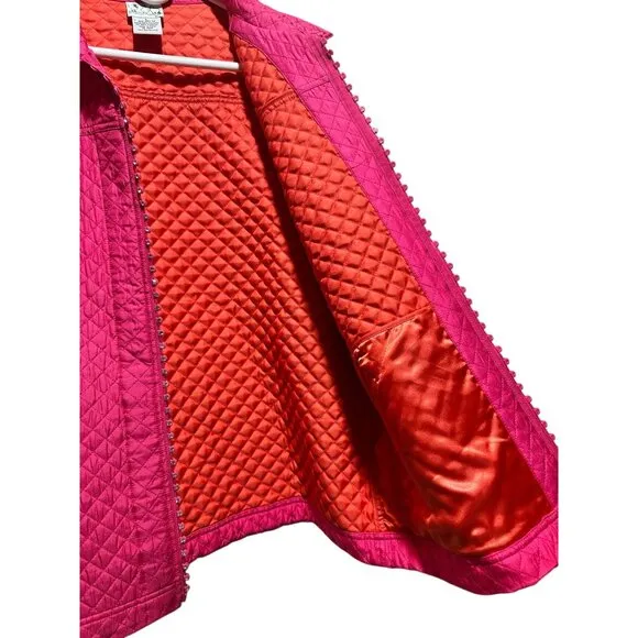 Quacker Factory Quilted Barn Chore Jacket Womens Large Pink Silk Embellished Zip