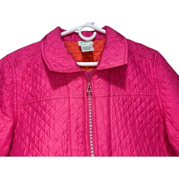 Quacker Factory Quilted Barn Chore Jacket Womens Large Pink Silk Embellished Zip