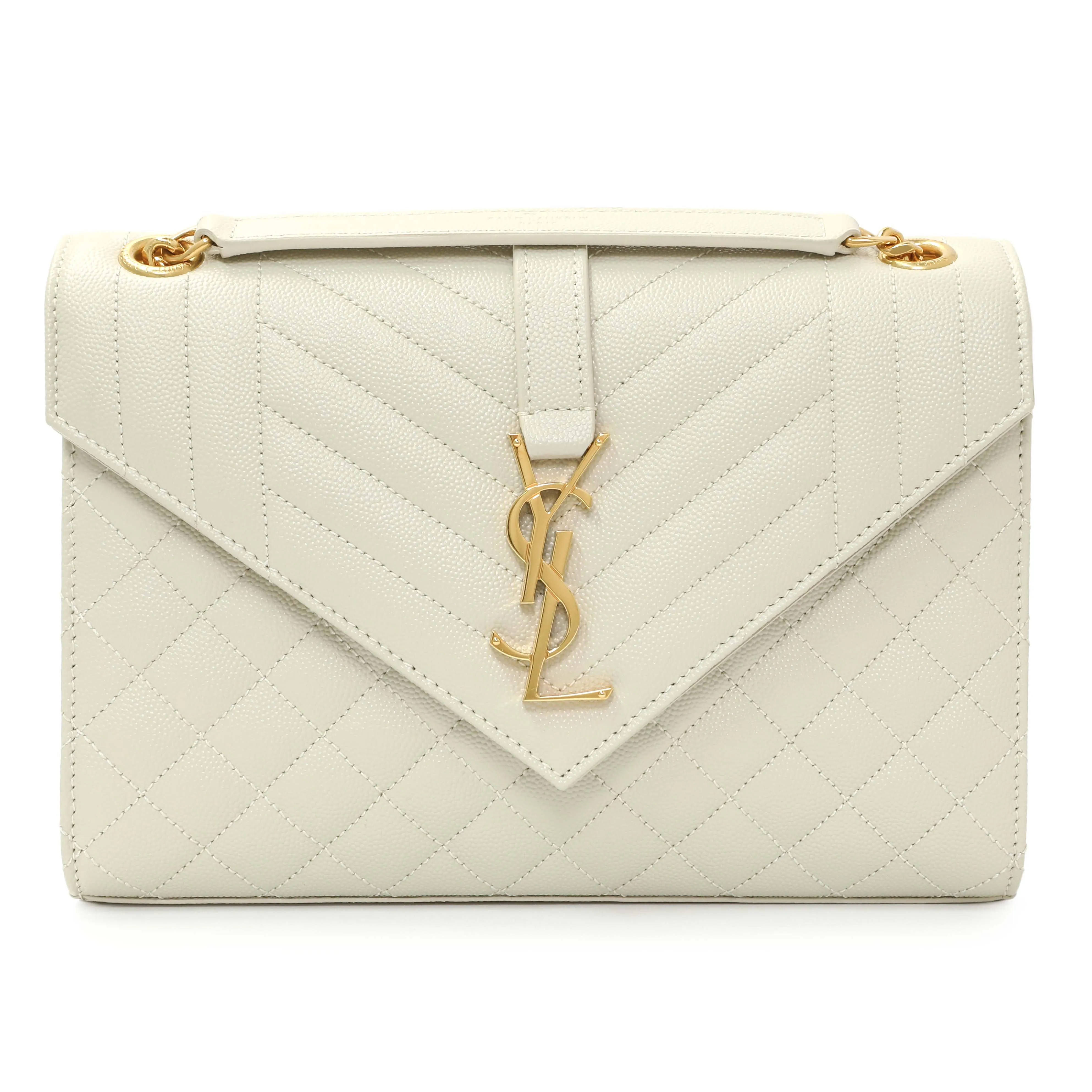 Saint Laurent Crema Grain De Poudre Matelasse Chevron Medium Triquilt Monogram Satchel
