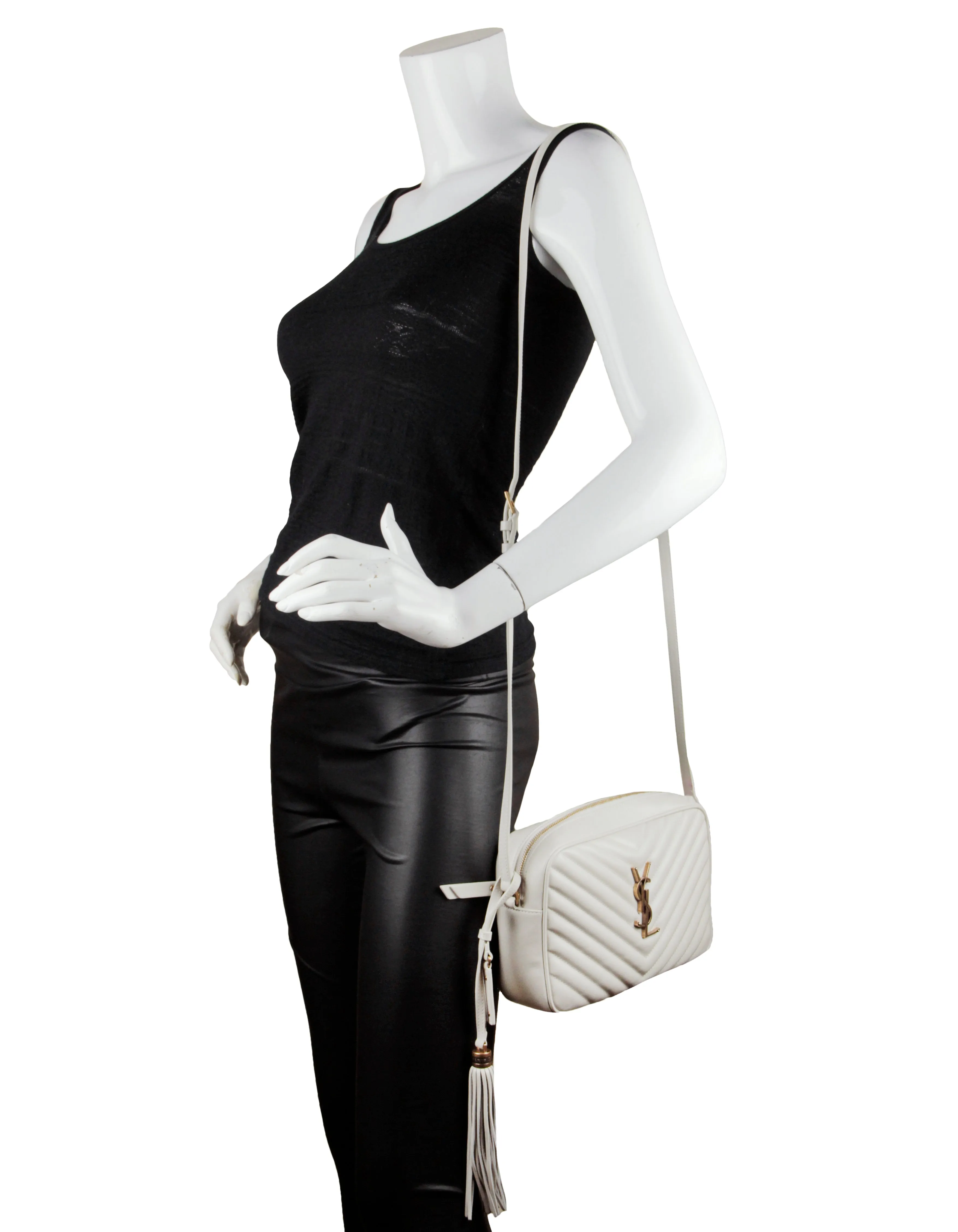 Saint Laurent Ivory Calfskin Matelasse Monogram Lou Camera Bag