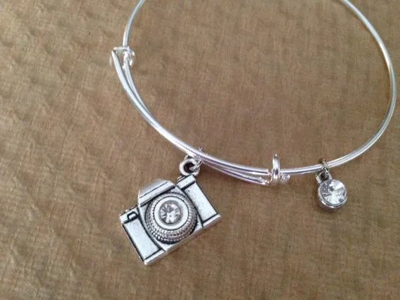 Silver Camera Charm Bracelet Expandable Wire Bangle Photography Trendy Photo Wedding Gift