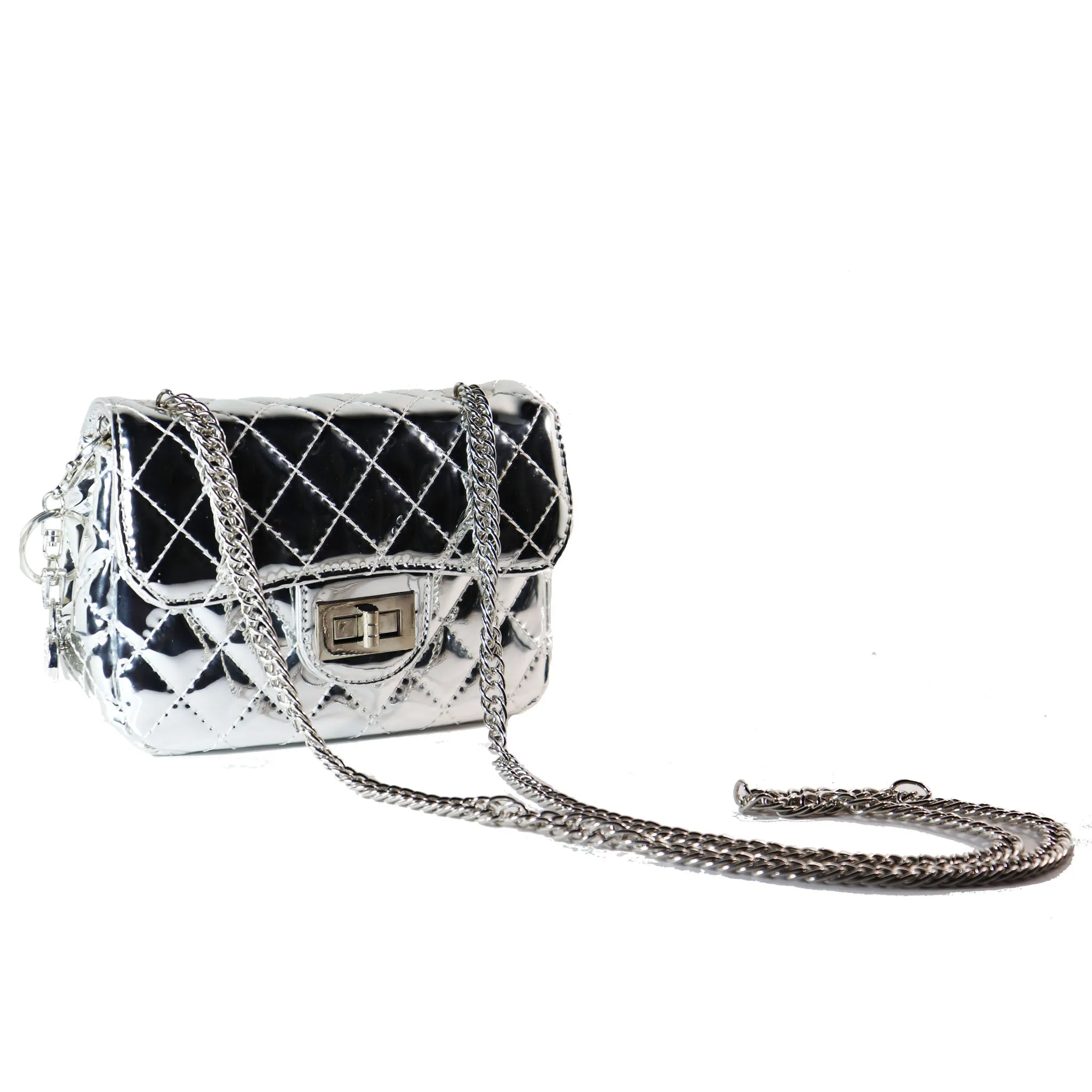 Silver Crossbody Quilted Purse with Keychain