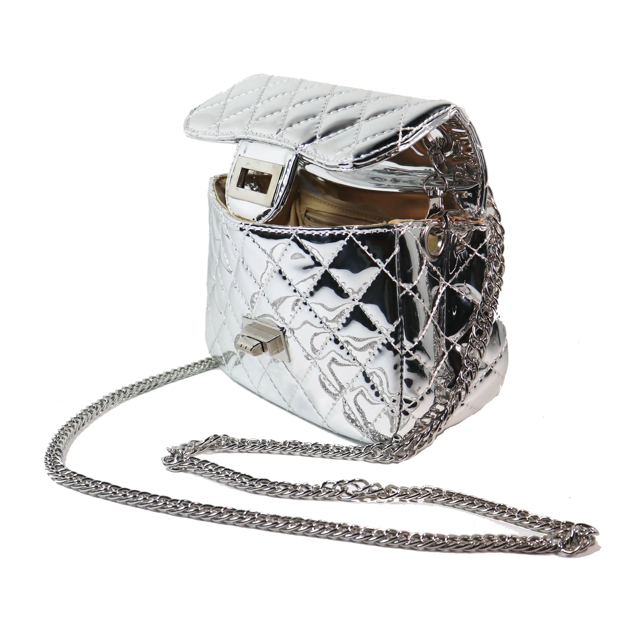 Silver Crossbody Quilted Purse with Keychain