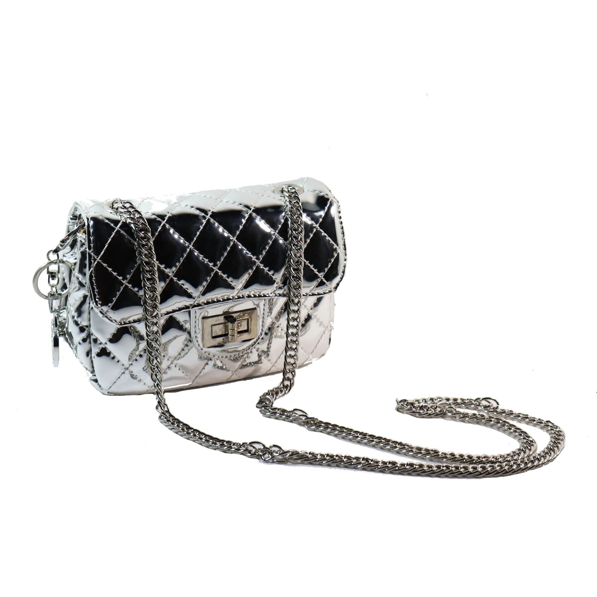 Silver Crossbody Quilted Purse with Keychain