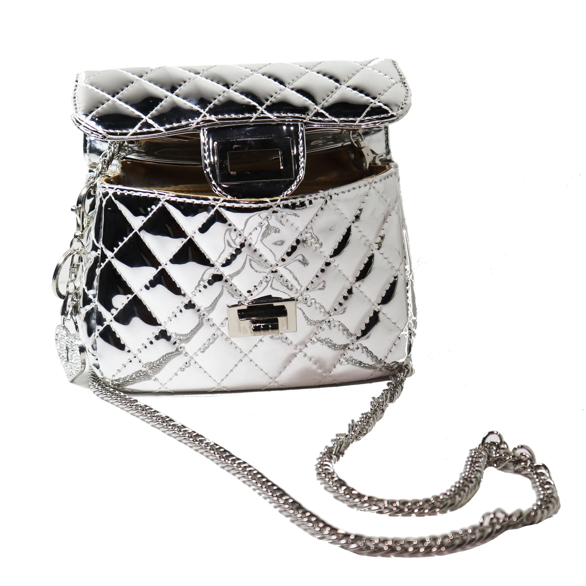 Silver Crossbody Quilted Purse with Keychain