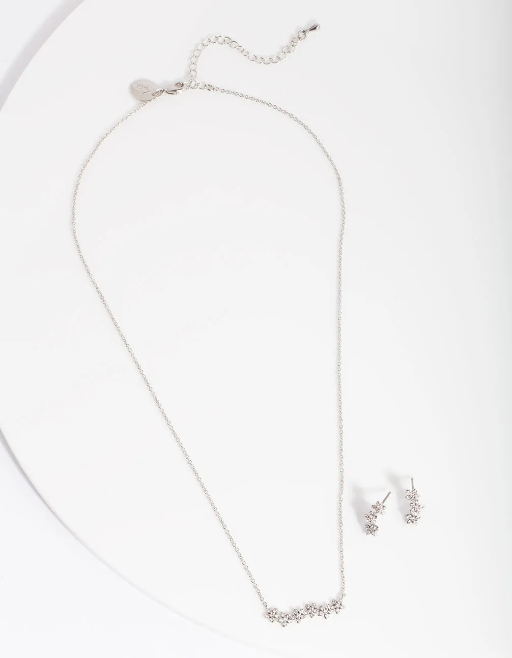 Silver Diamond Simulant Flower Cluster Necklace & Earrings Set