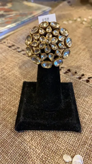 Silver Gold Plated Zia Floral White Glass Studded Ring
