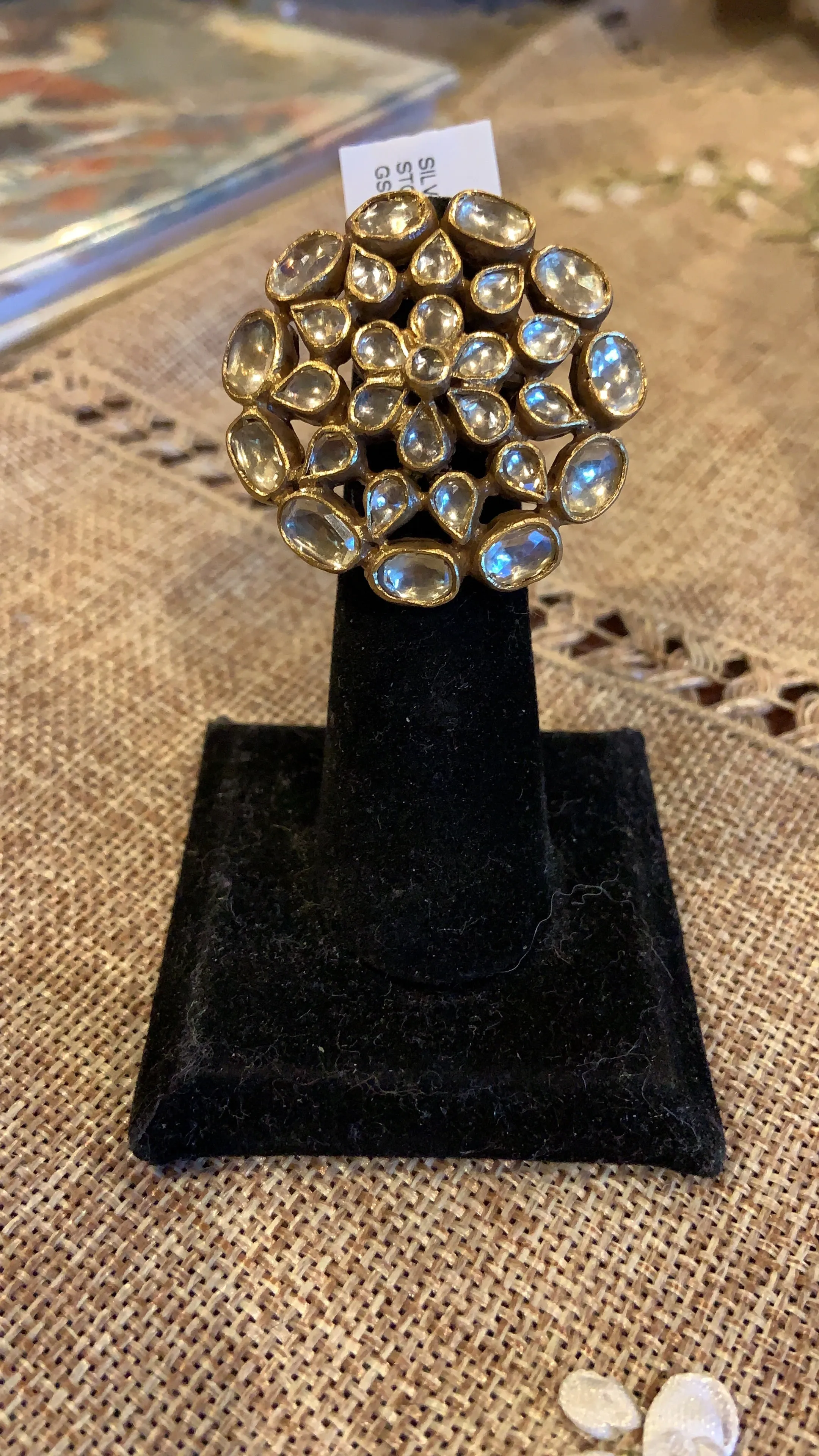 Silver Gold Plated Zia Floral White Glass Studded Ring