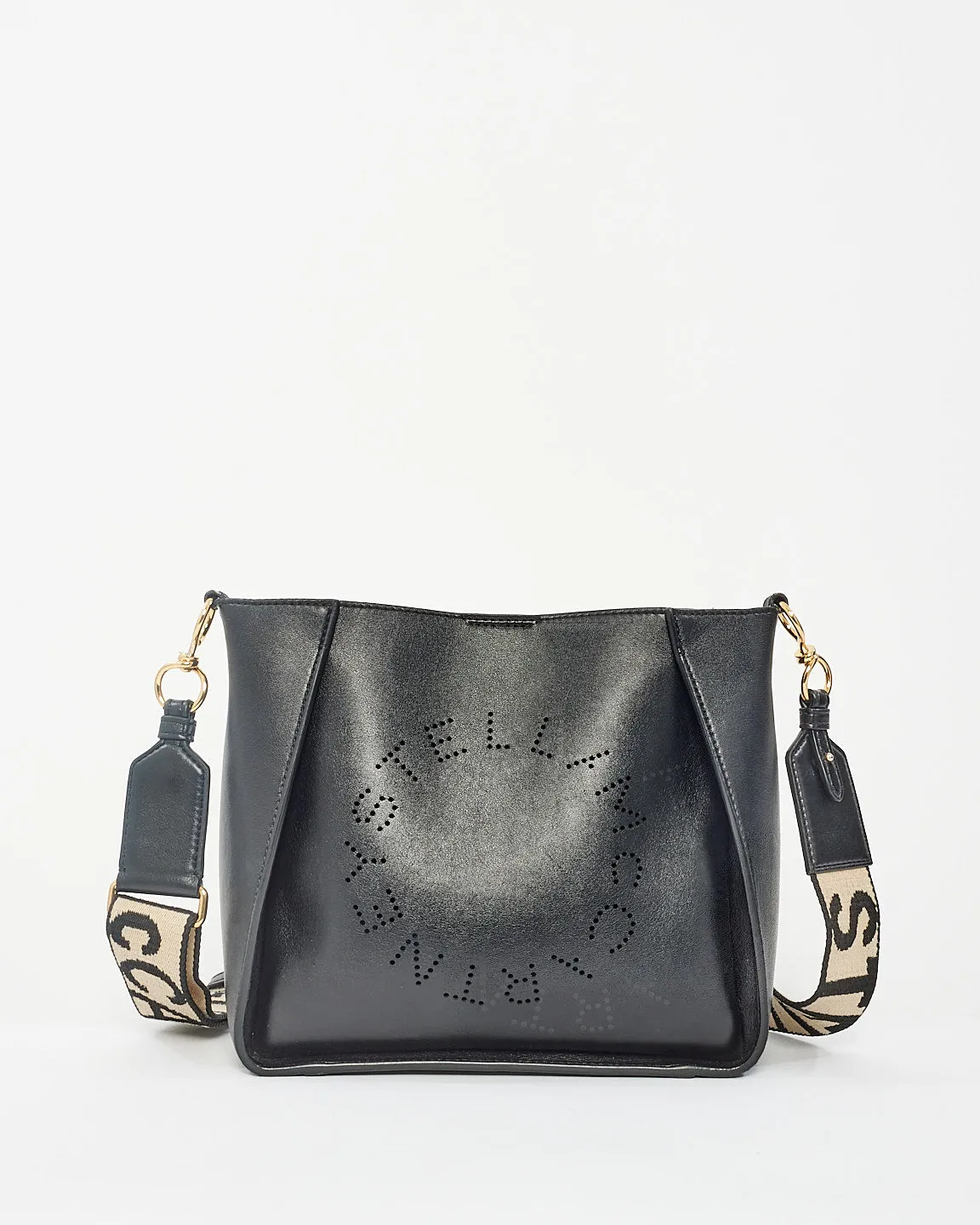 Stella McCartney Black Faux Leather Logo Shoulder Bag w/ Strap