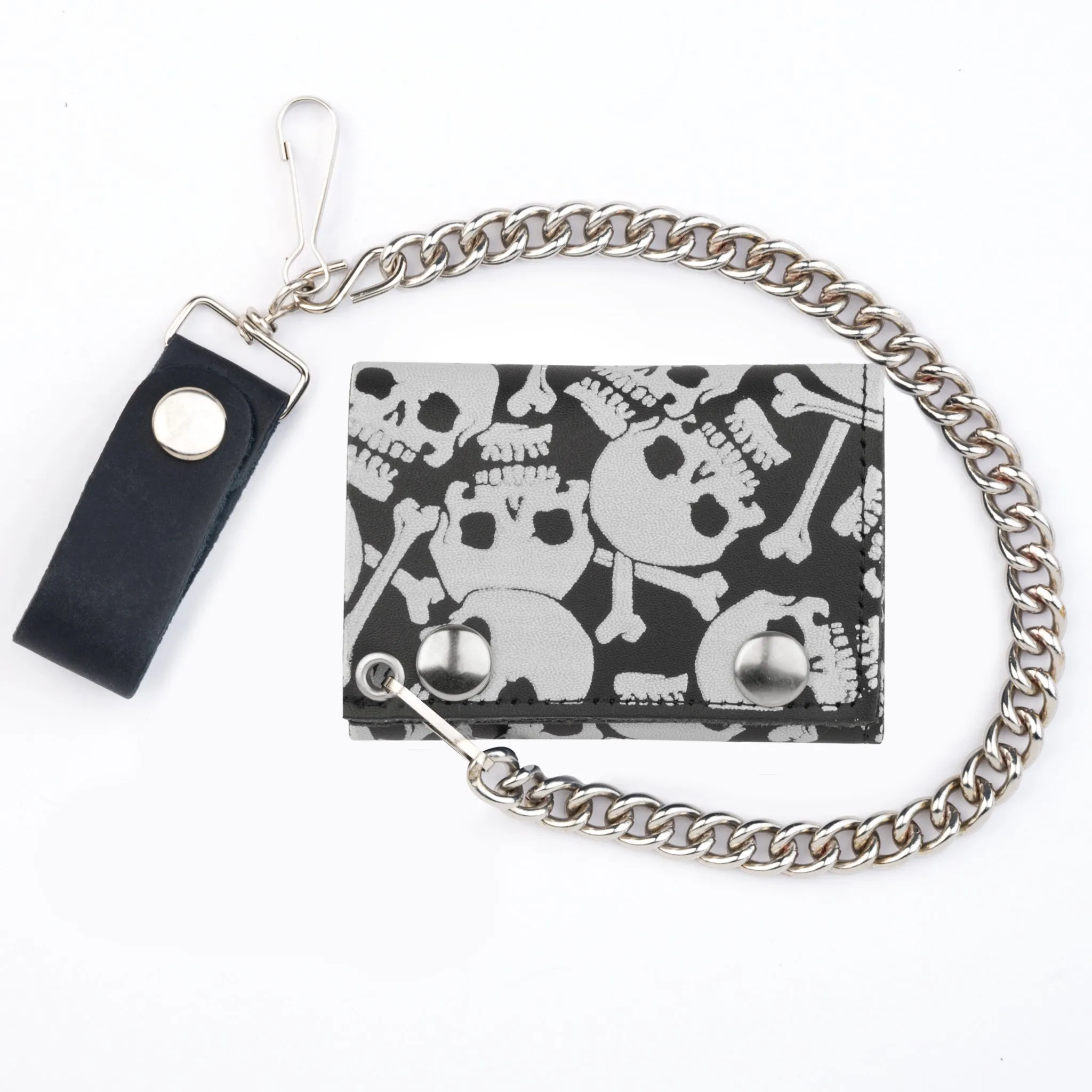 TC304-215  Tri-Fold Wallet w/ Chain- Multi-Skull & Bones