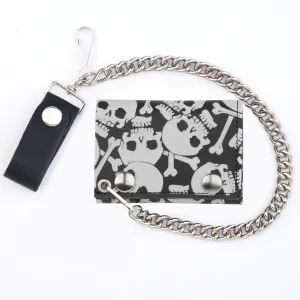 TC304-215  Tri-Fold Wallet w/ Chain- Multi-Skull & Bones