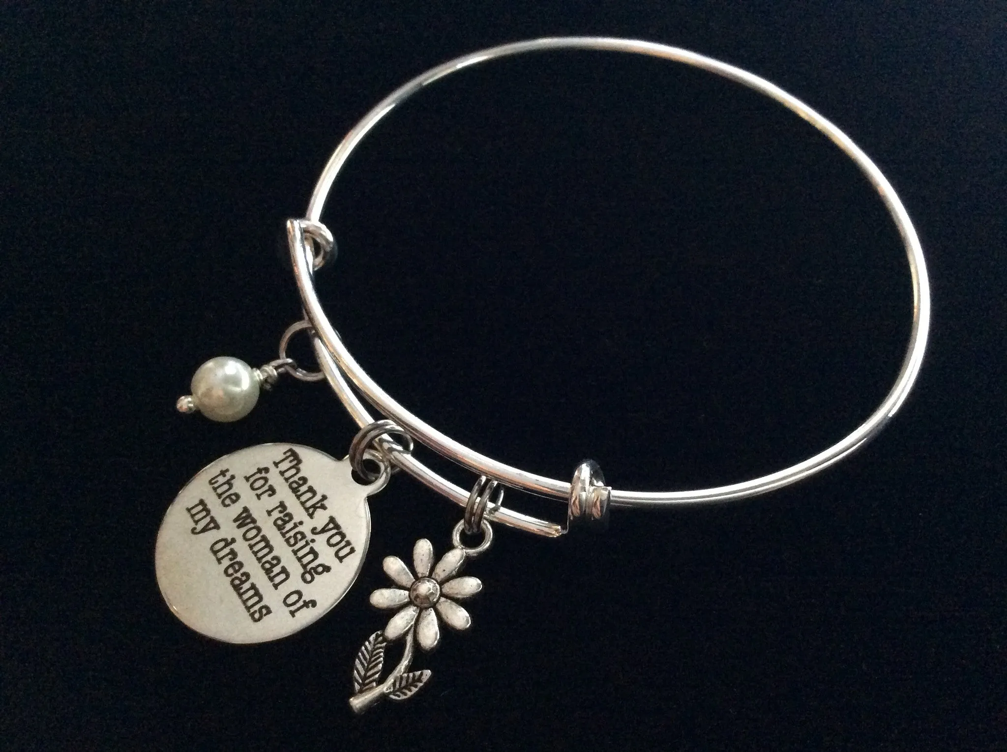 Thank you for Raising the Woman of My Dreams Expandable Charm Bracelet Bangle Mother in Law Meaningful Wedding Gift