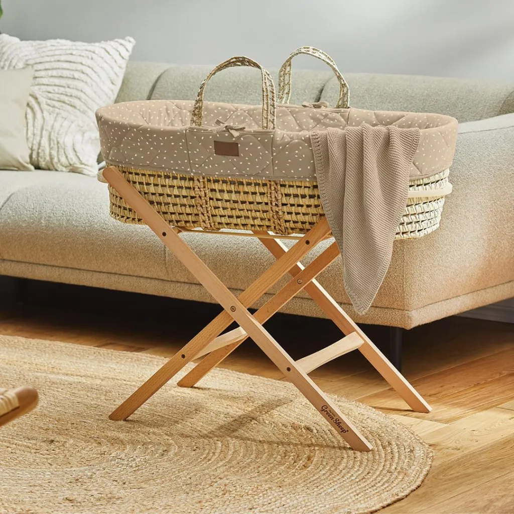 THE LITTLE GREEN SHEEP Quilted Moses Basket and Static Stand Bundle - Truffle Rice