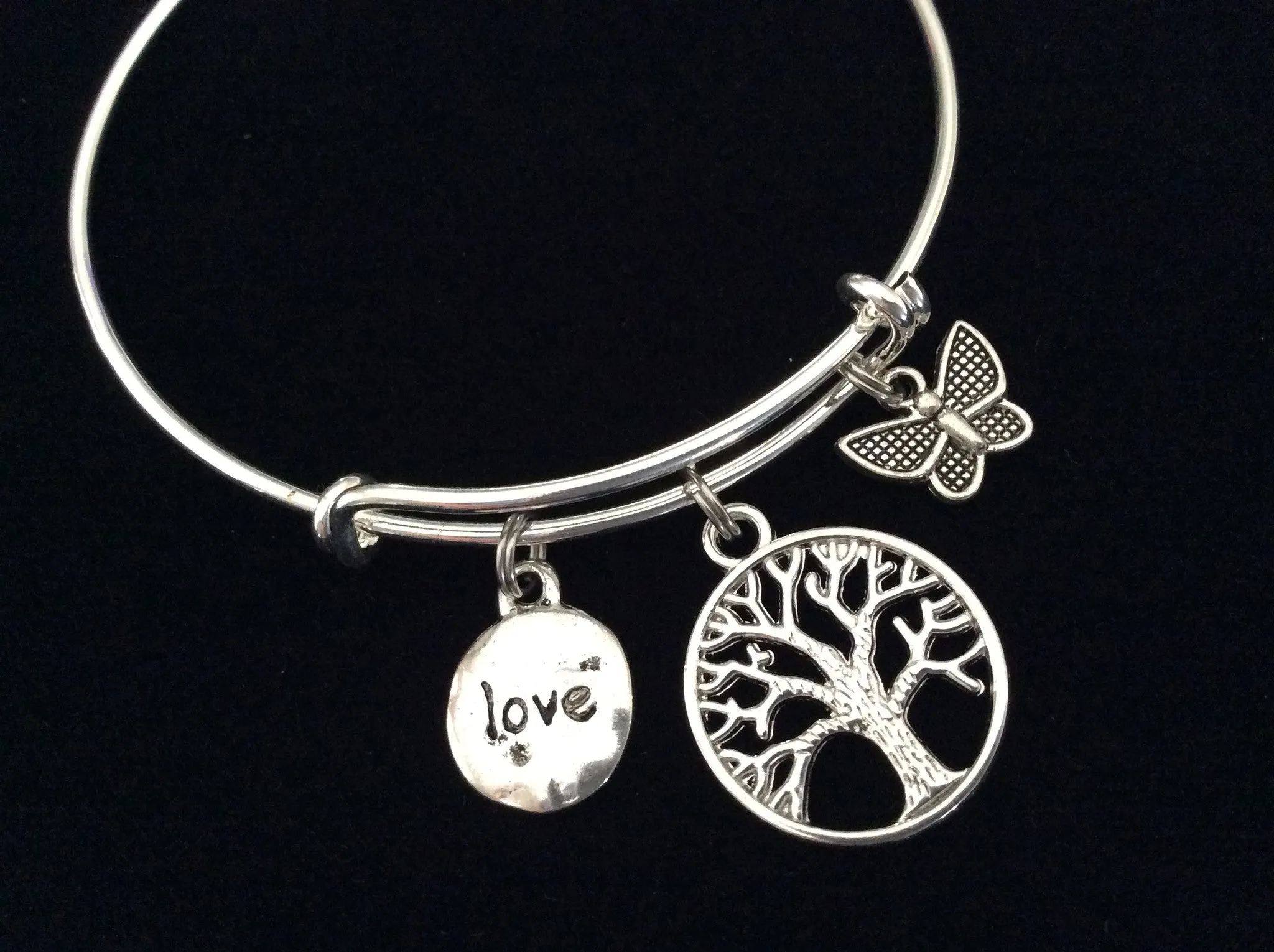 Tree of Life, Butterfly and Love Charm on a Silver Expandable Wire Bangle Bracelet Meaningful Gift Adjustable One Size Fits All Trendy