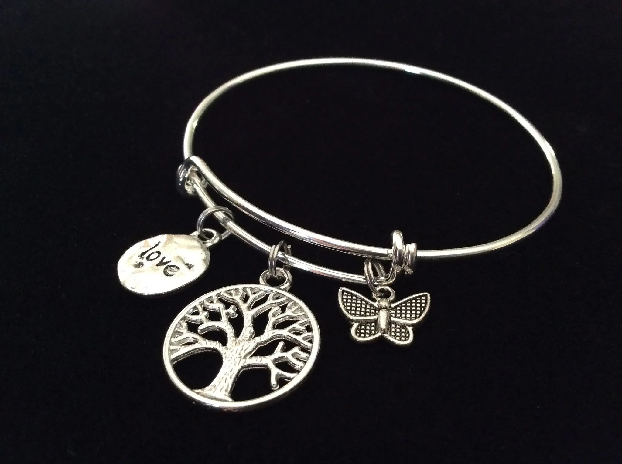 Tree of Life, Butterfly and Love Charm on a Silver Expandable Wire Bangle Bracelet Meaningful Gift Adjustable One Size Fits All Trendy