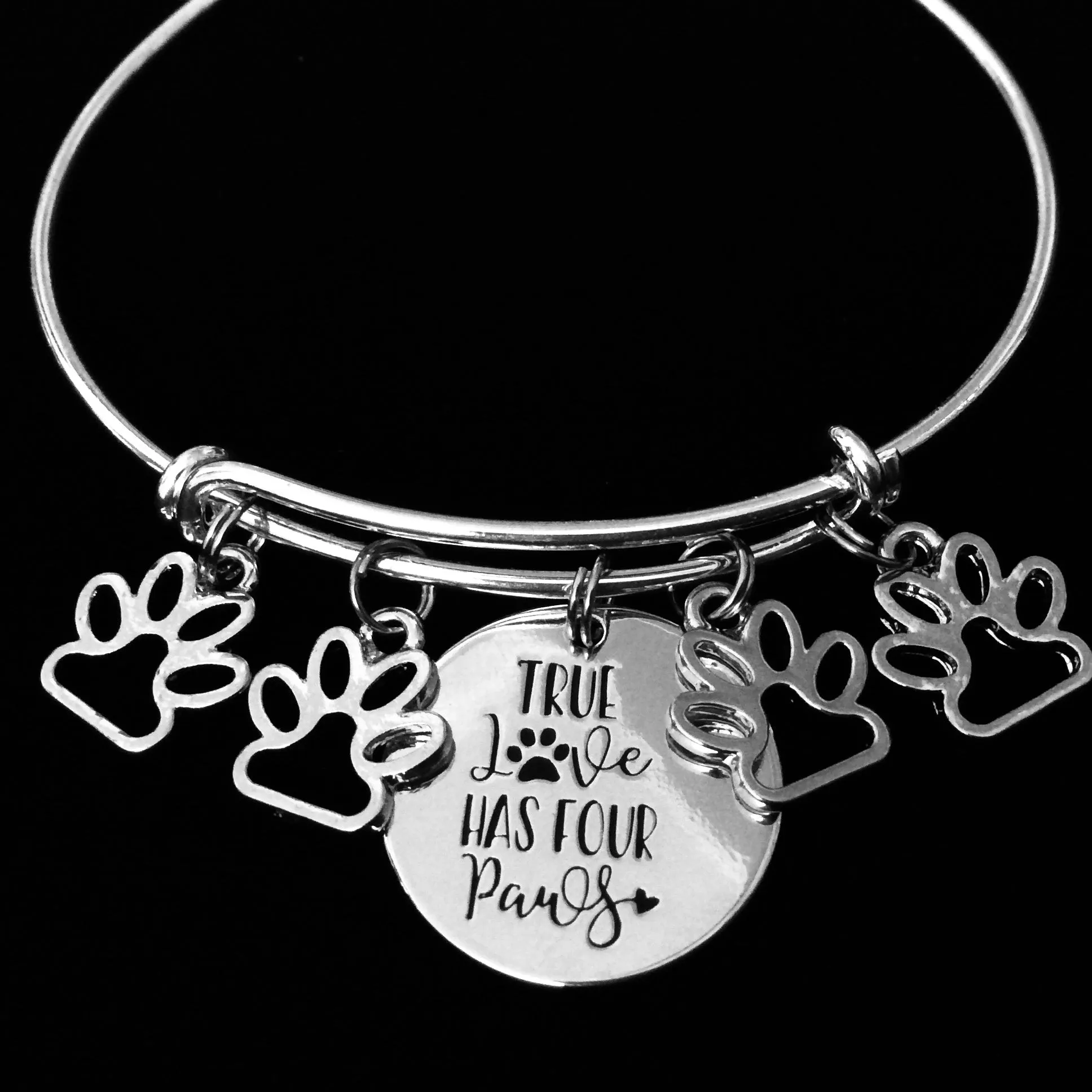 True Love Has Four Paws Jewelry Paw Print Expandable Charm Bracelet Adjustable Silver Wire Bangle Dog Cat Pet Animal Lover One Size Fits All Gift